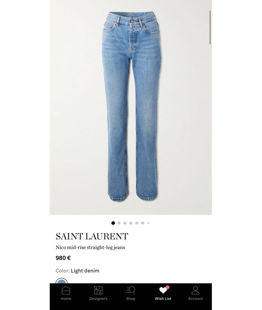 SAINT LAURENT Голубые хлопковые прямые джинсы, фото 8