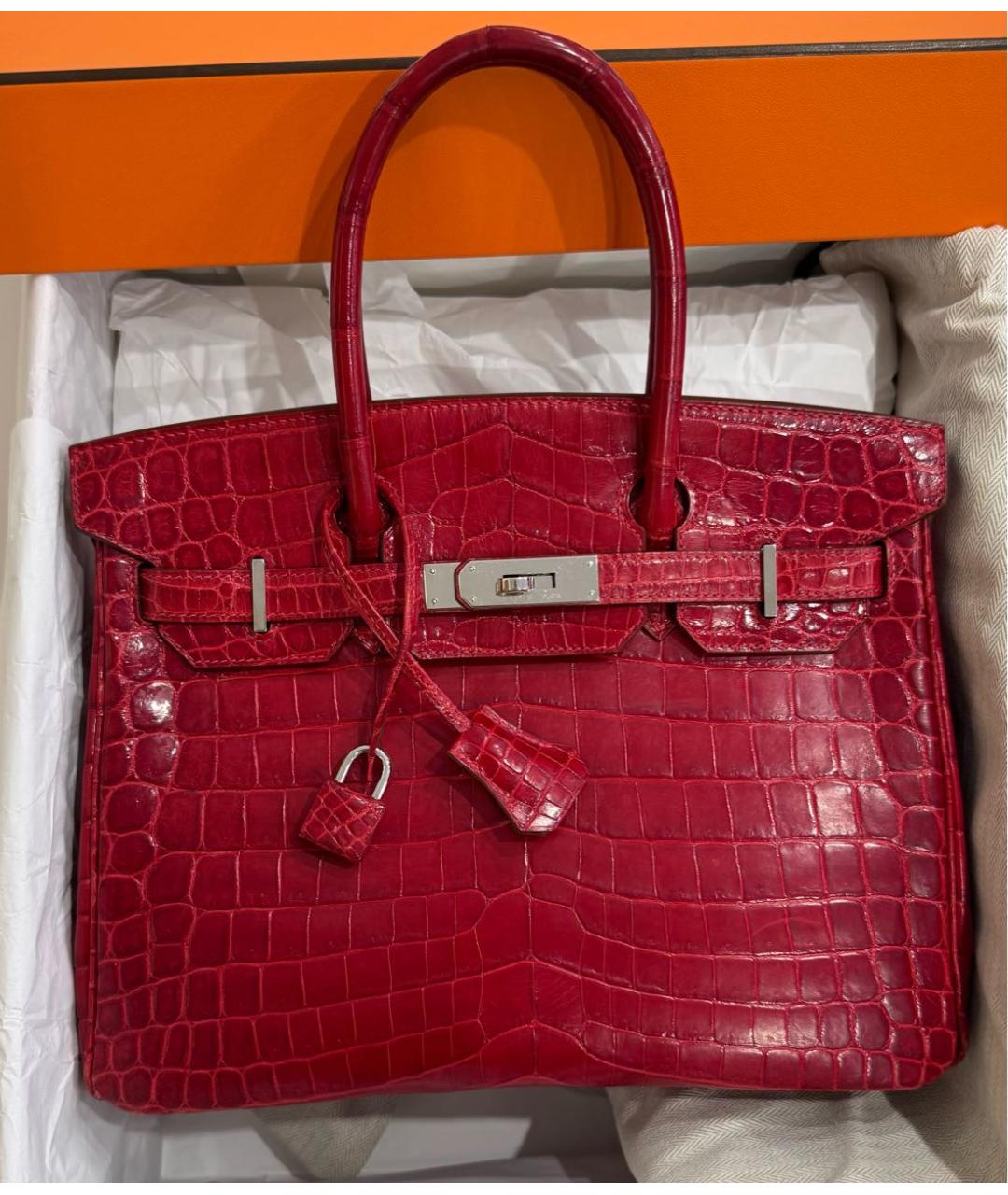 HERMES Красная сумка с короткими ручками из кожи крокодила, фото 6