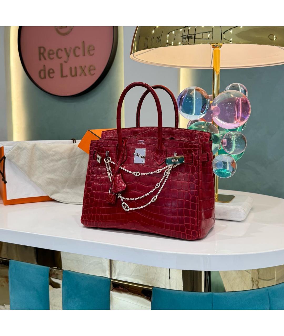 HERMES Красная сумка с короткими ручками из кожи крокодила, фото 5