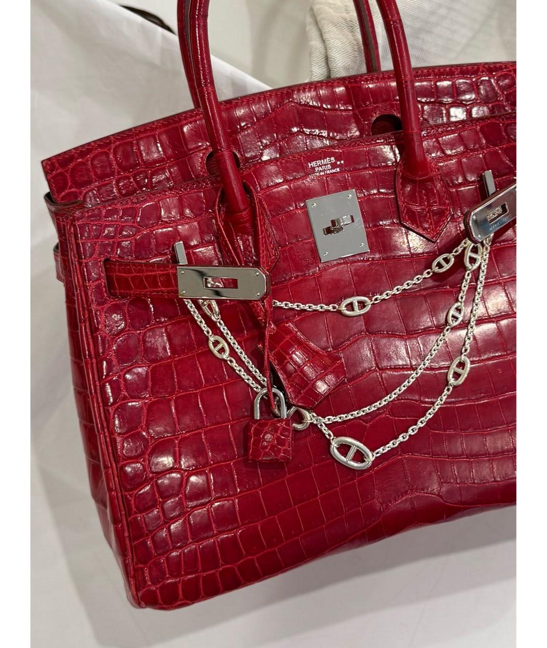 HERMES Красная сумка с короткими ручками из кожи крокодила, фото 4