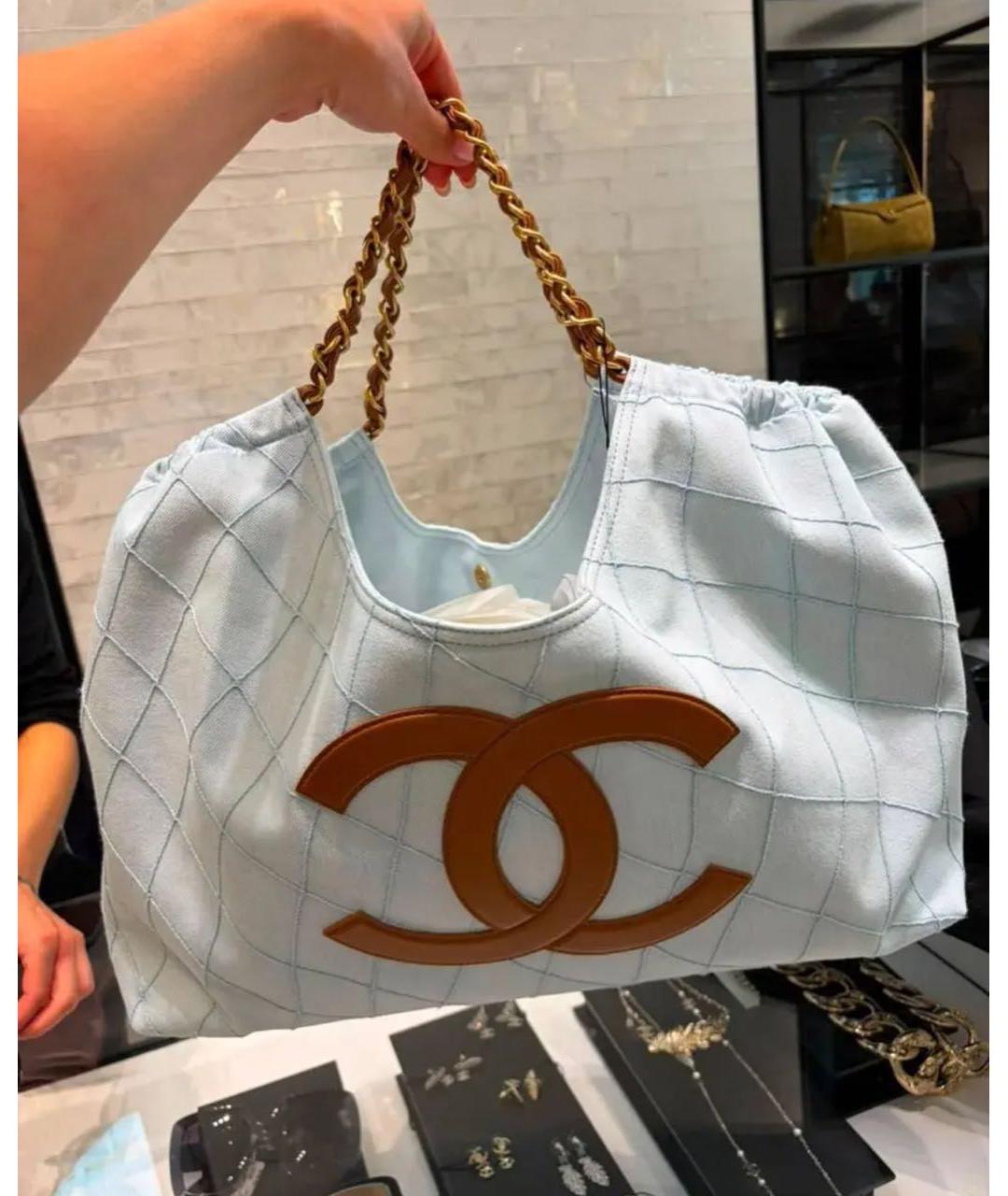 CHANEL Голубая тканевая пляжная сумка, фото 5