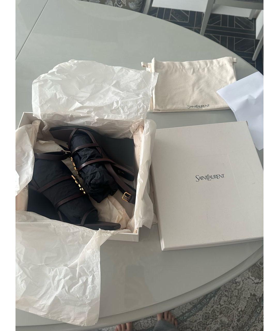 SAINT LAURENT Коричневые кожаные босоножки, фото 5
