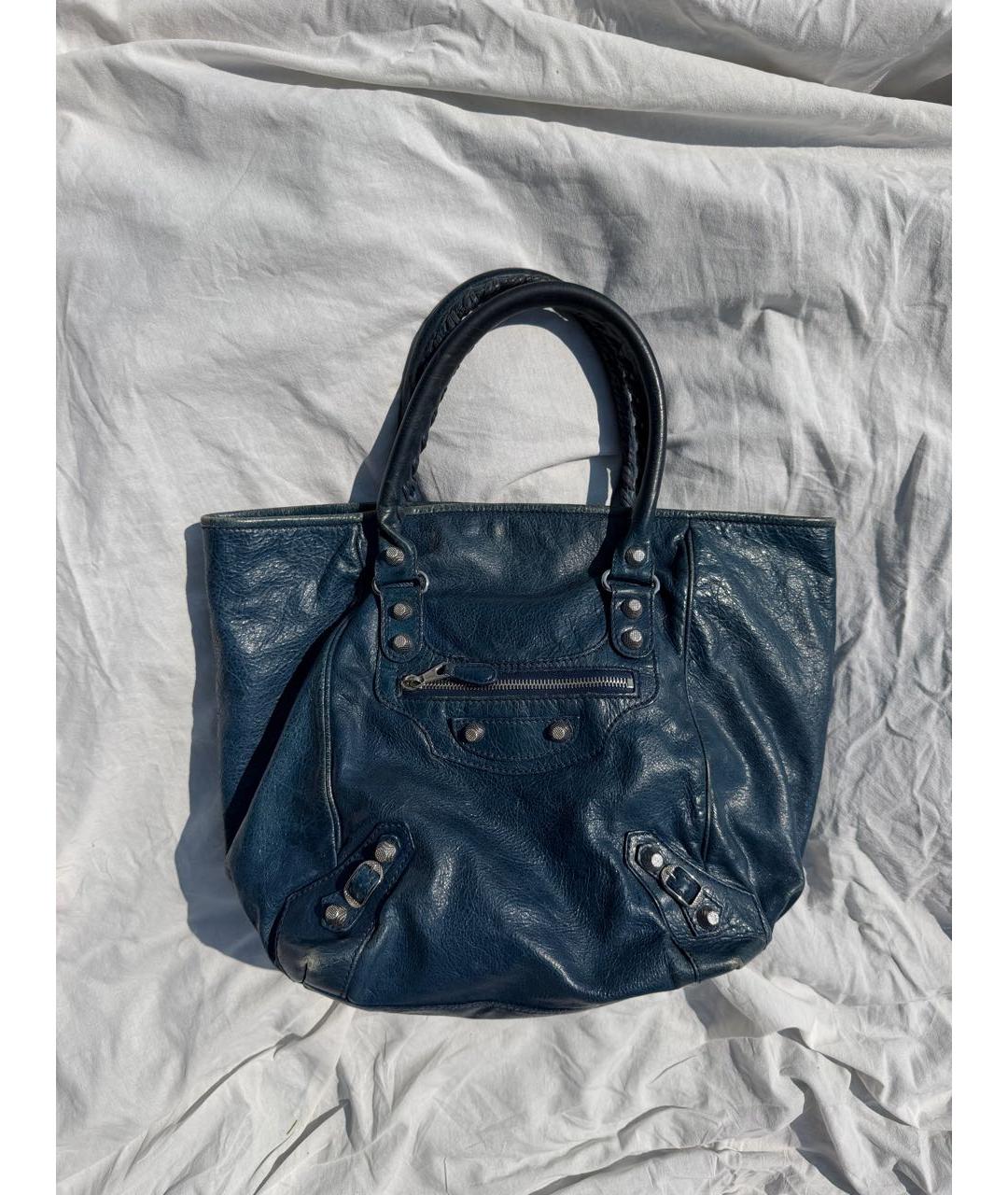 BALENCIAGA Темно-синяя кожаная сумка тоут, фото 5