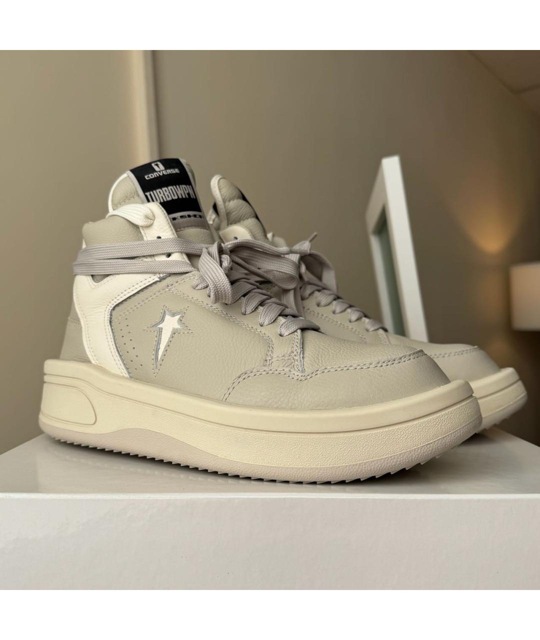 RICK OWENS DRKSHDW Бежевые кожаные высокие кроссовки / кеды, фото 2