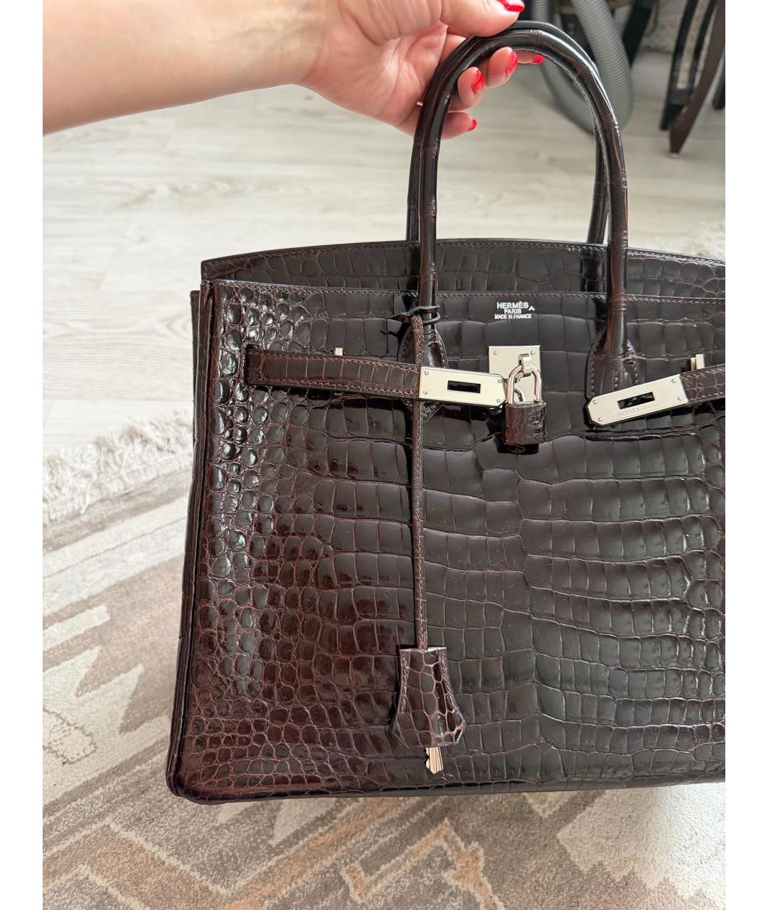 HERMES Коричневая сумка с короткими ручками из кожи крокодила, фото 3
