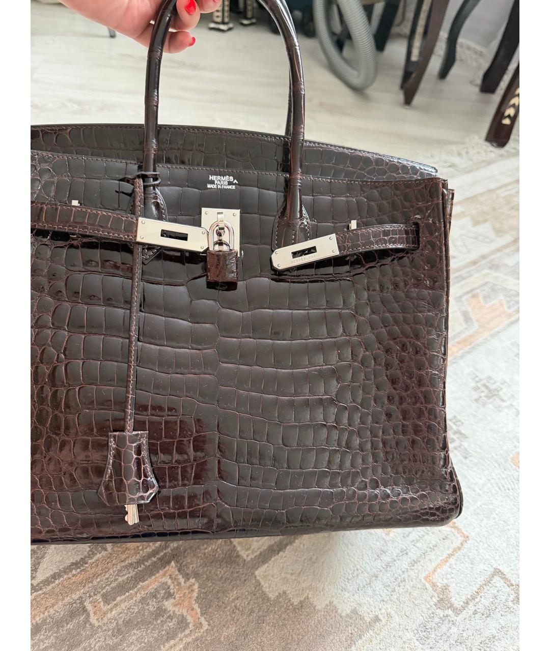 HERMES Коричневая сумка с короткими ручками из кожи крокодила, фото 4