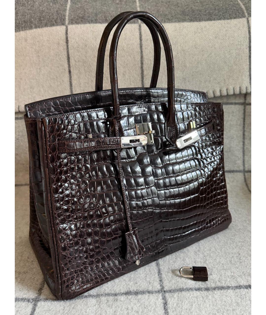 HERMES Коричневая сумка с короткими ручками из кожи крокодила, фото 2