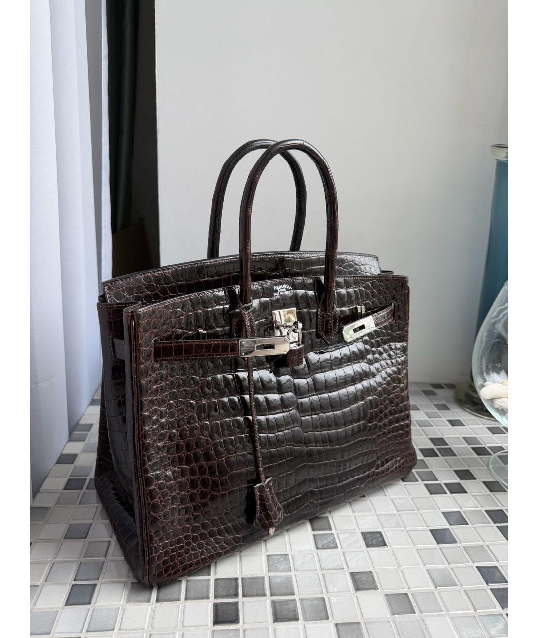 HERMES Коричневая сумка с короткими ручками из кожи крокодила, фото 9