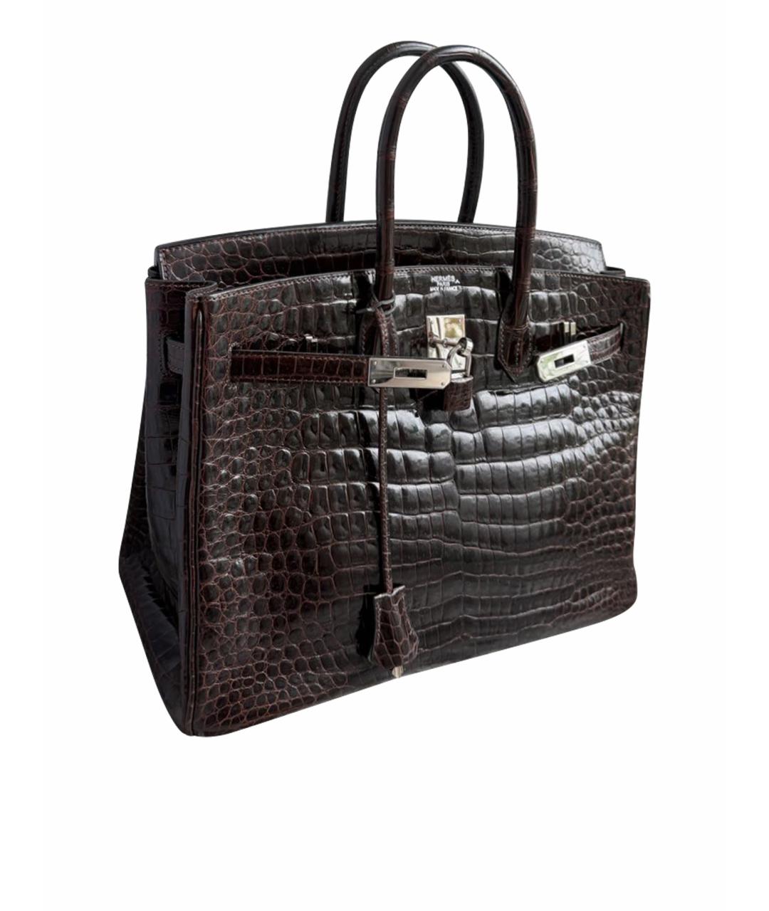 HERMES Коричневая сумка с короткими ручками из кожи крокодила, фото 1
