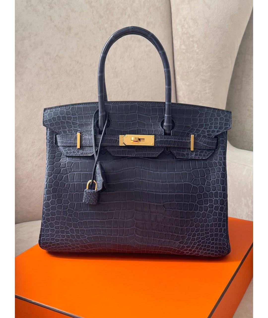 HERMES Темно-синяя сумка с короткими ручками из кожи крокодила, фото 9