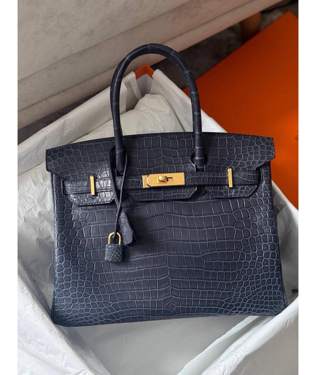 HERMES Темно-синяя сумка с короткими ручками из кожи крокодила, фото 2
