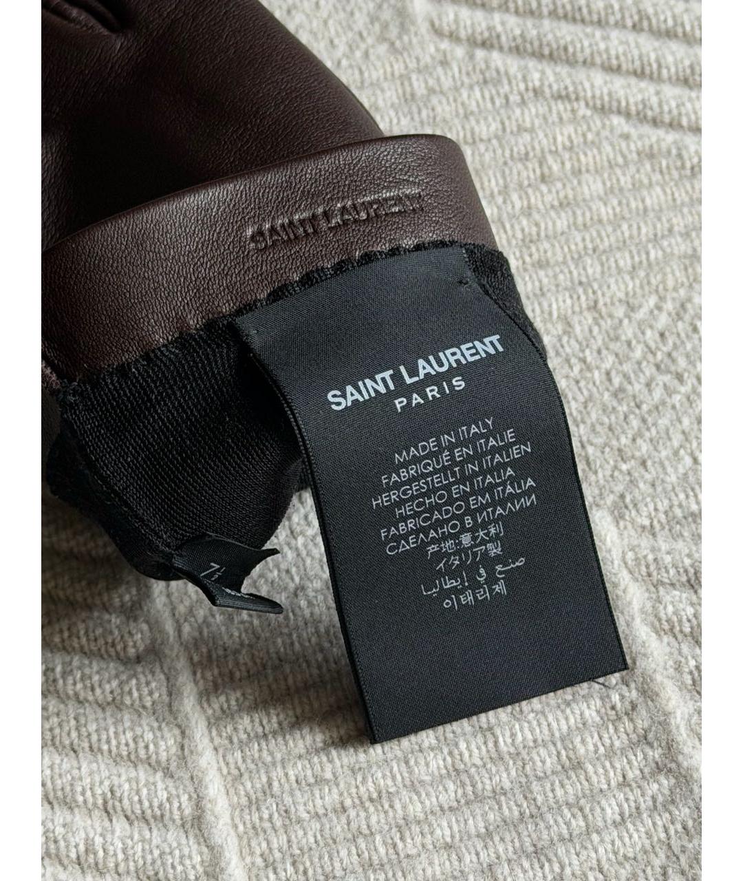SAINT LAURENT Коричневые кожаные перчатки, фото 4