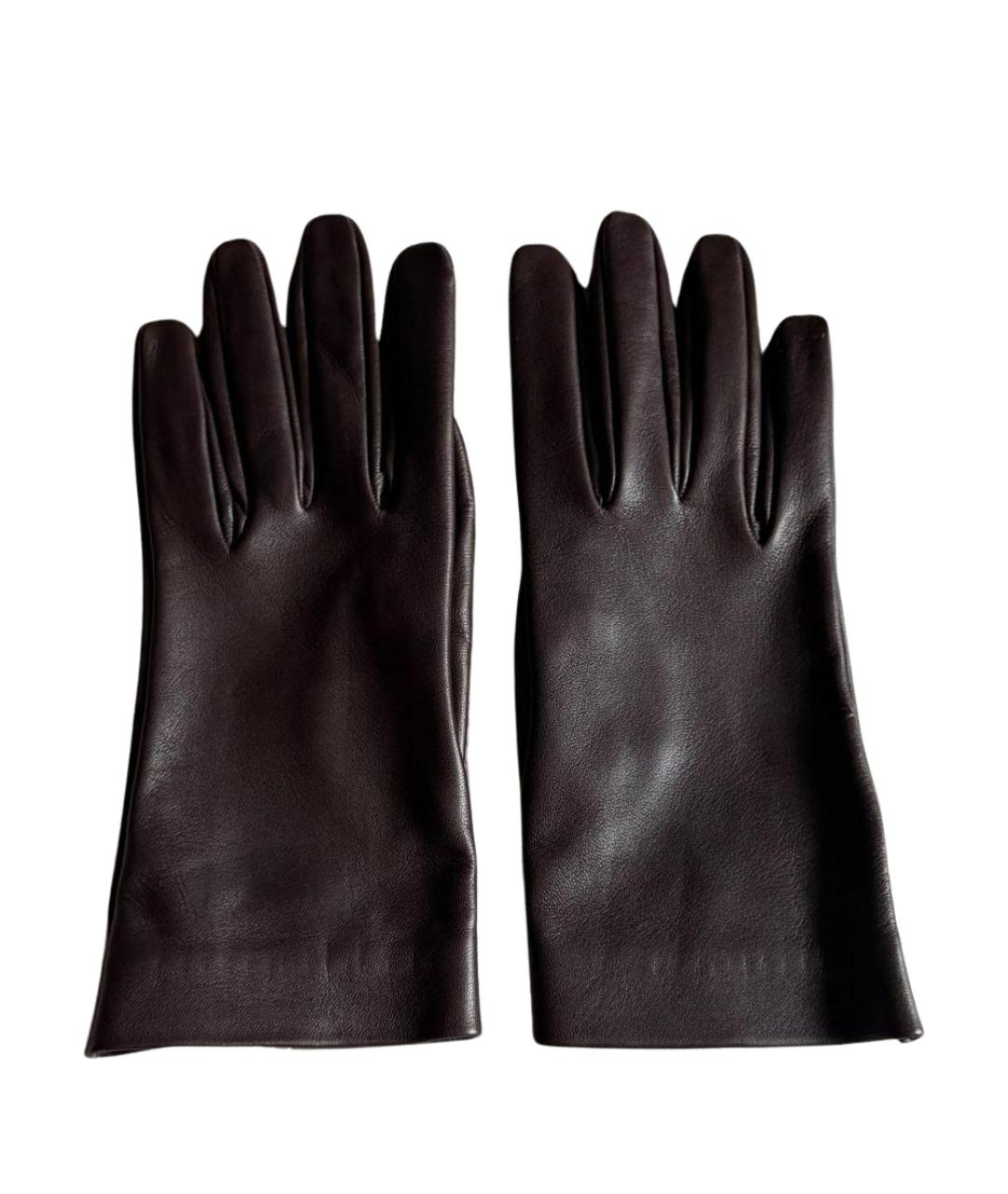 SAINT LAURENT Коричневые кожаные перчатки, фото 1