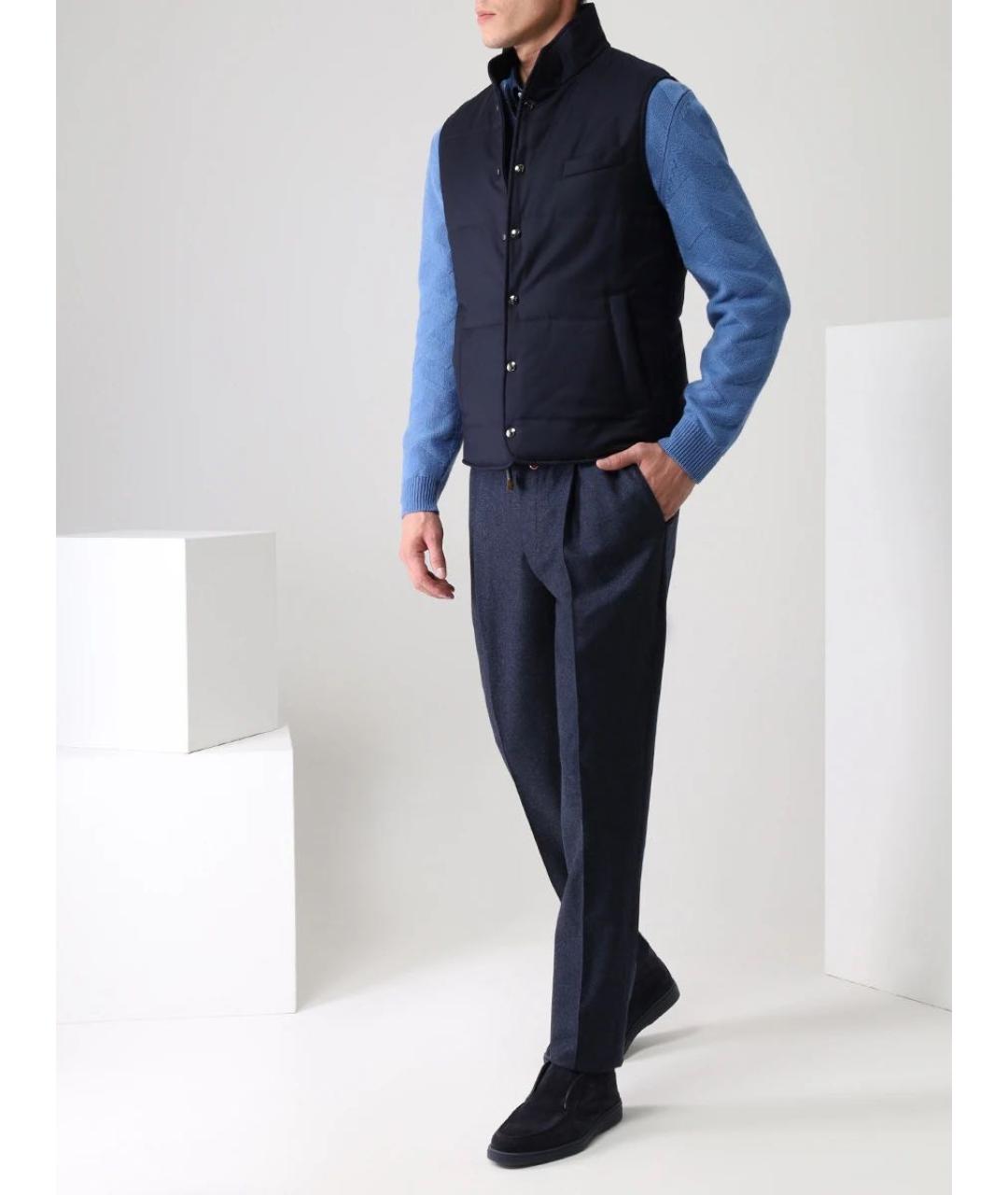 BRUNELLO CUCINELLI Темно-синие шерстяные повседневные брюки, фото 5