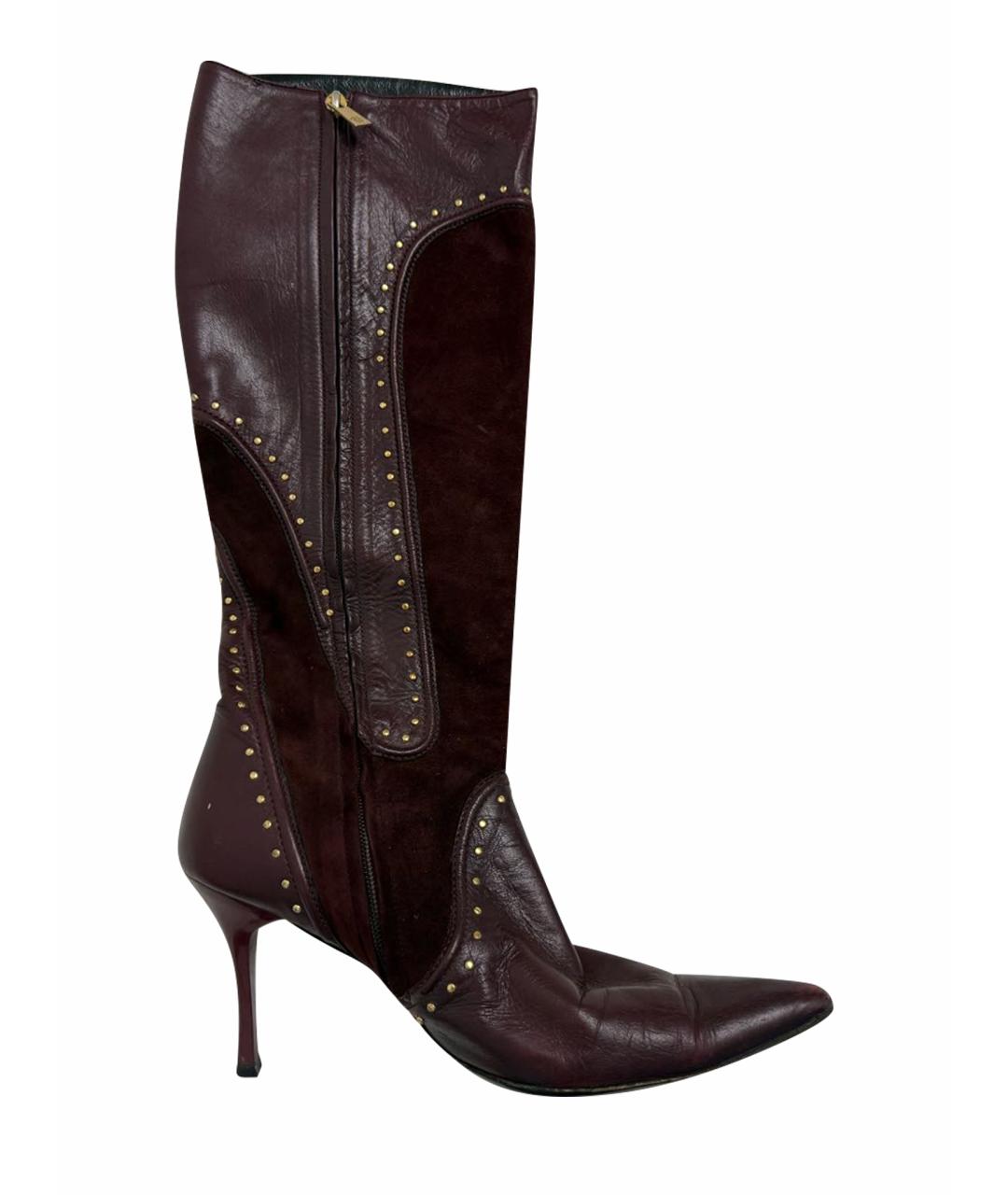 VERSACE Бордовые кожаные сапоги, фото 1