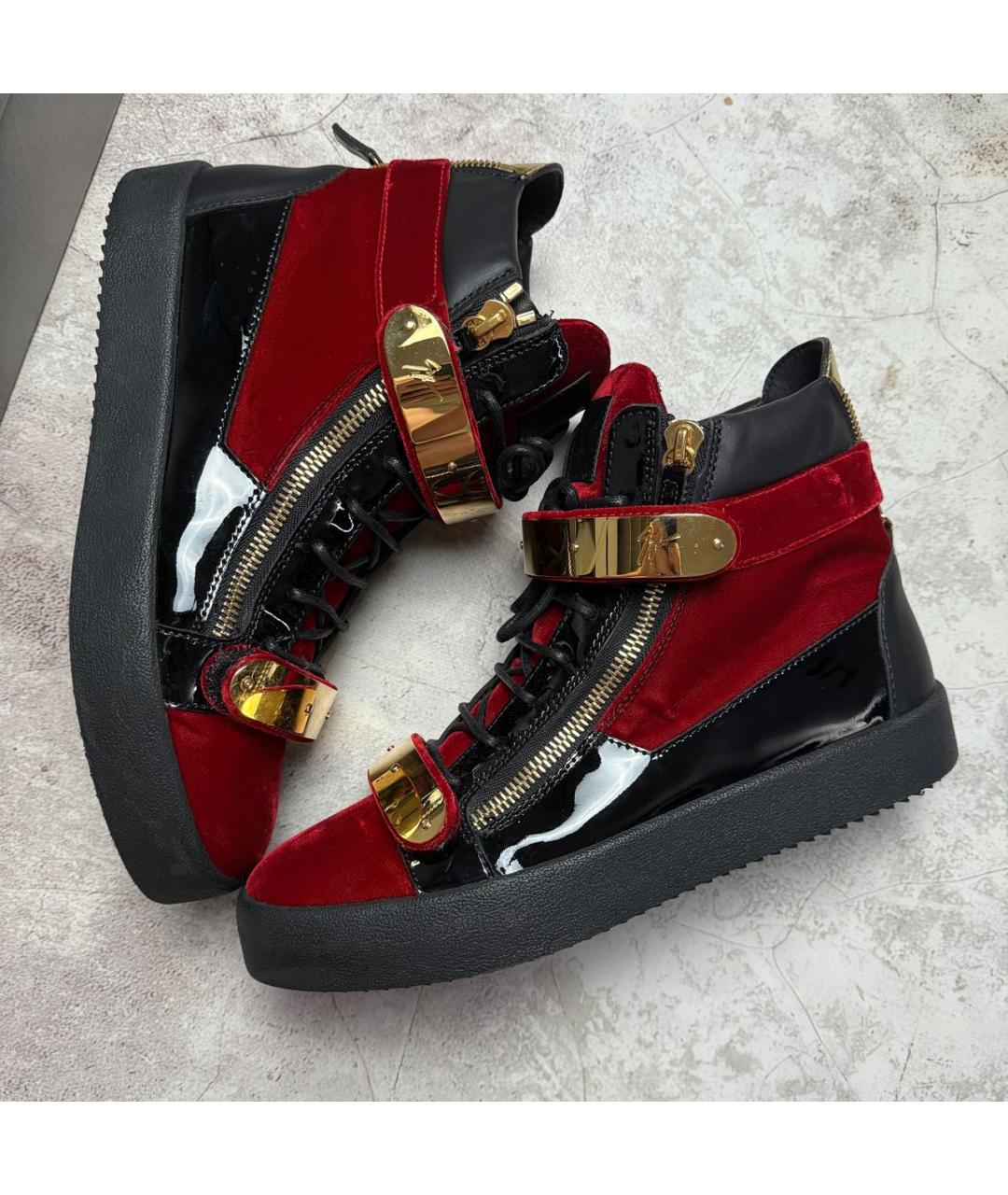 GIUSEPPE ZANOTTI DESIGN Красные бархатные высокие кроссовки / кеды, фото 4