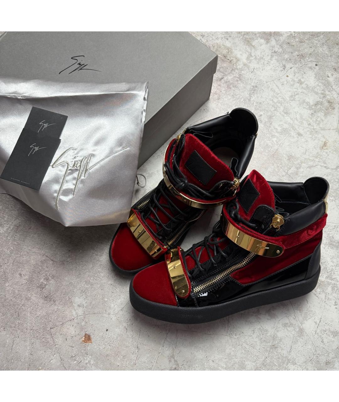 GIUSEPPE ZANOTTI DESIGN Красные бархатные высокие кроссовки / кеды, фото 9