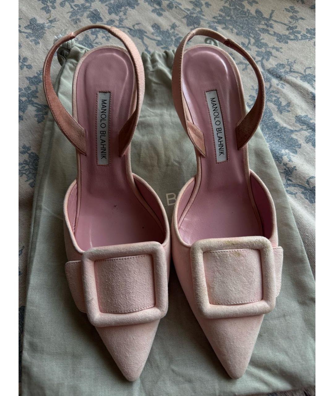 MANOLO BLAHNIK Розовые замшевые лодочки на низком каблуке, фото 4