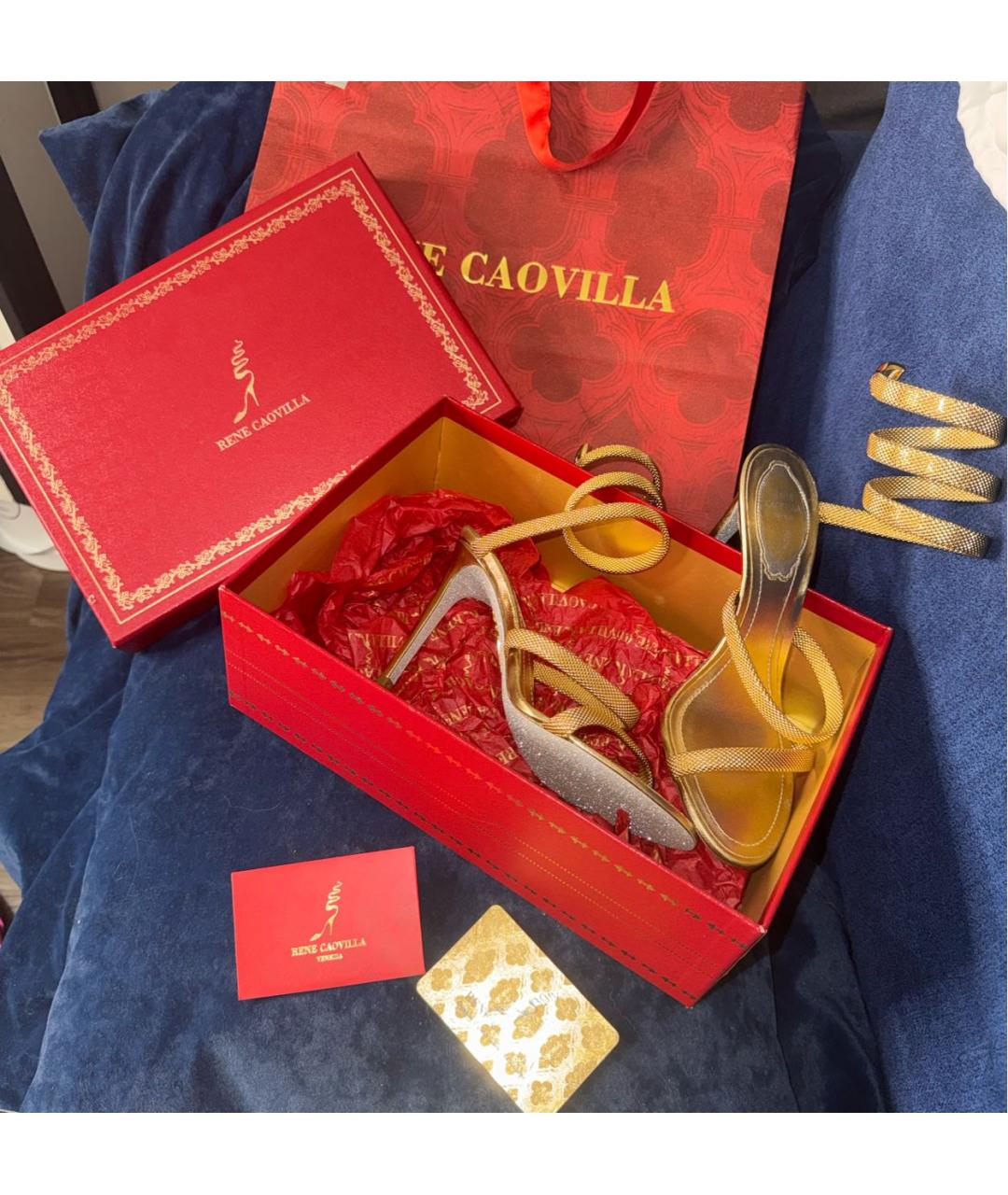 RENE CAOVILLA Золотые кожаные босоножки, фото 5