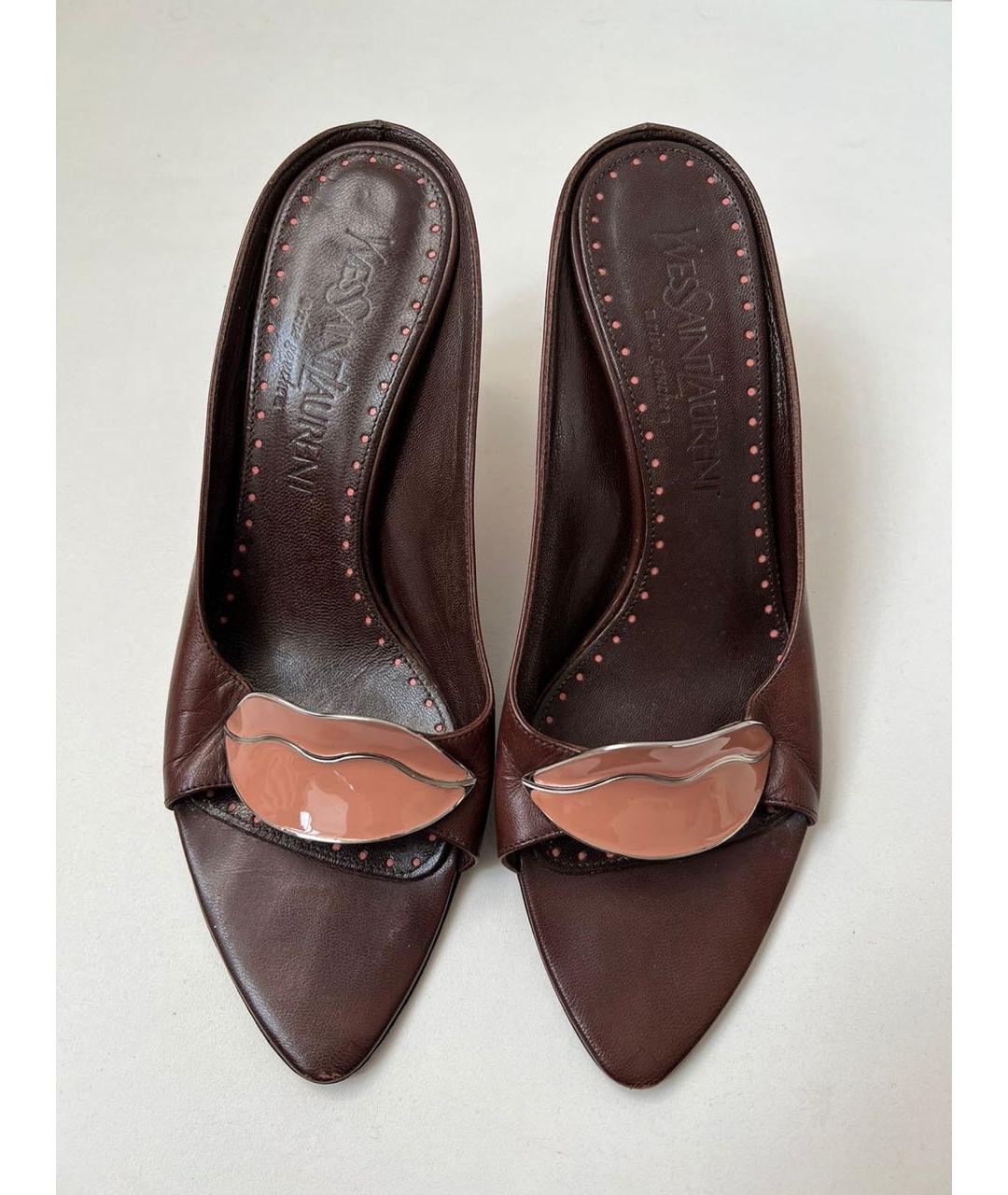 SAINT LAURENT Коричневые кожаные мюли, фото 3