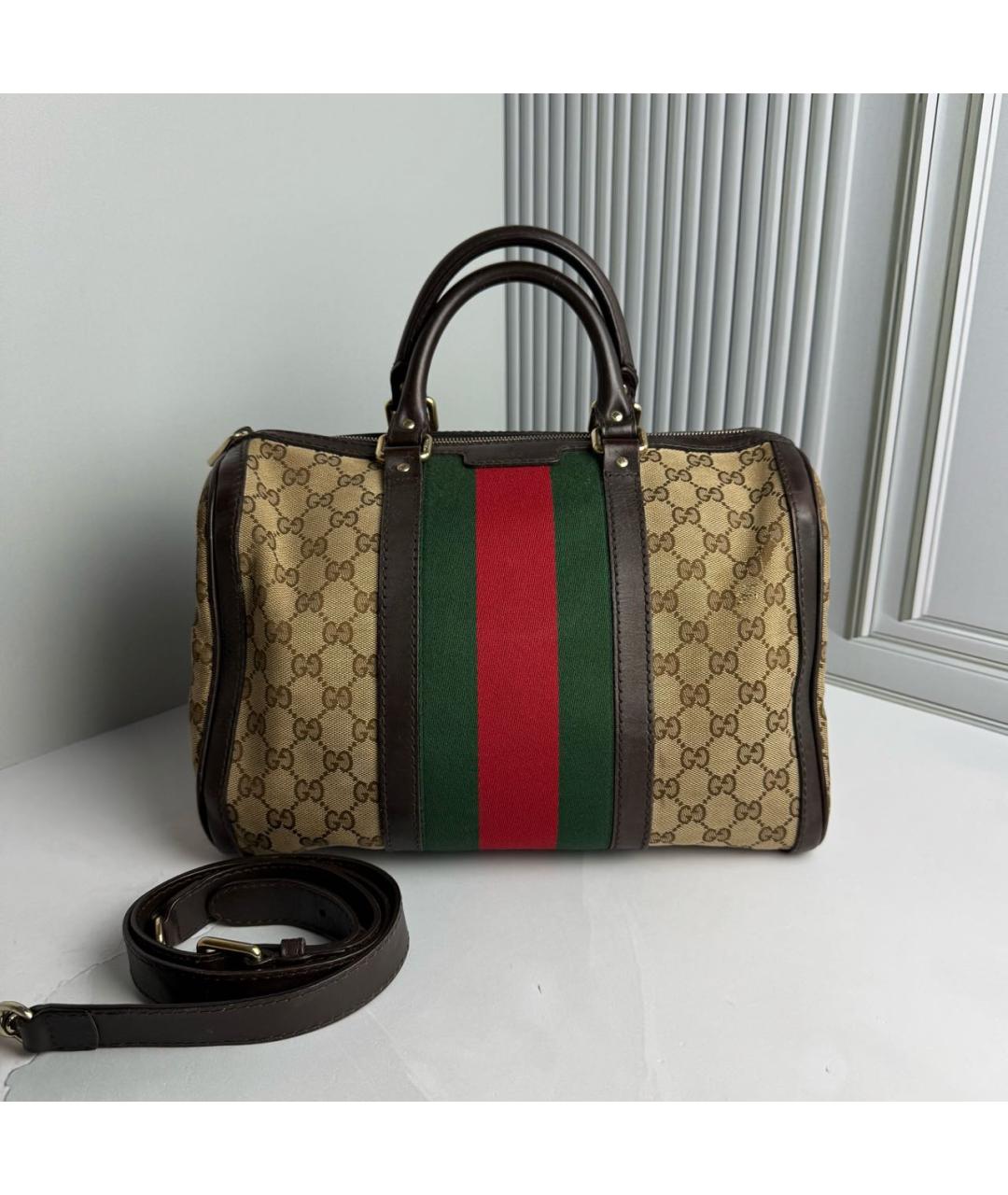 GUCCI Бежевая сумка с короткими ручками из канвы, фото 9