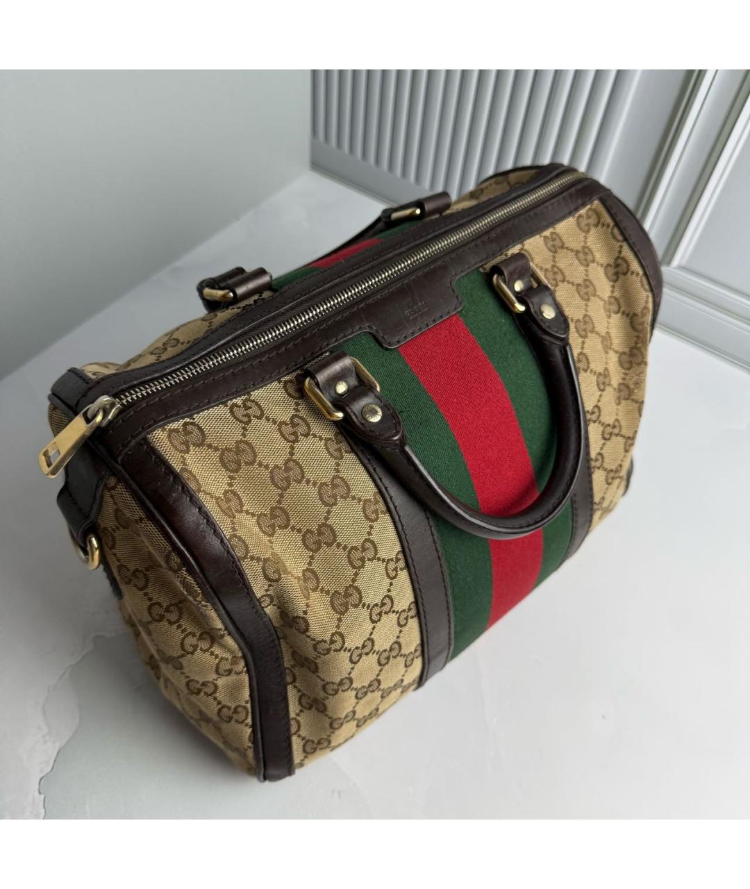 GUCCI Бежевая сумка с короткими ручками из канвы, фото 2