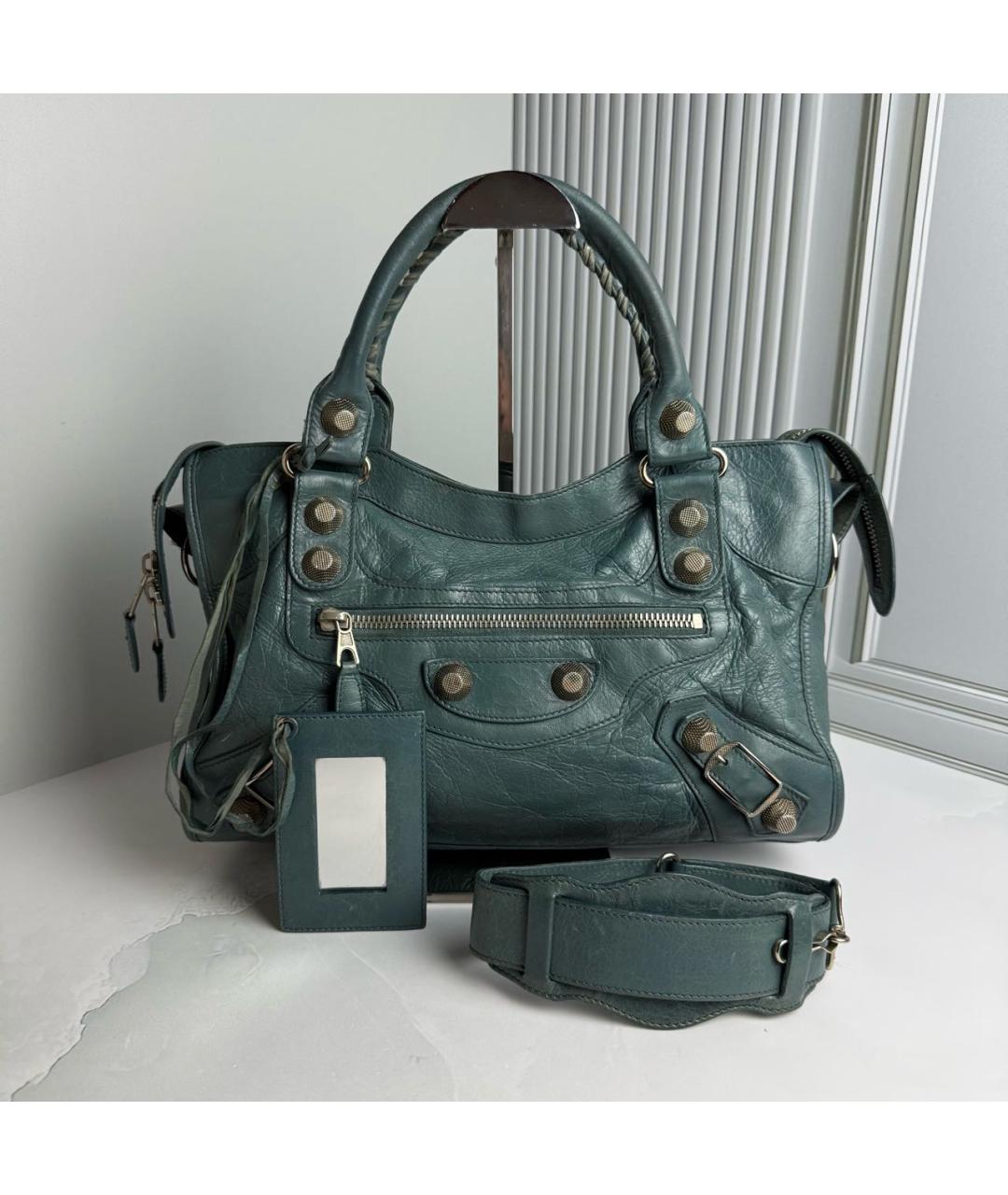 BALENCIAGA Бирюзовая кожаная сумка с короткими ручками, фото 9