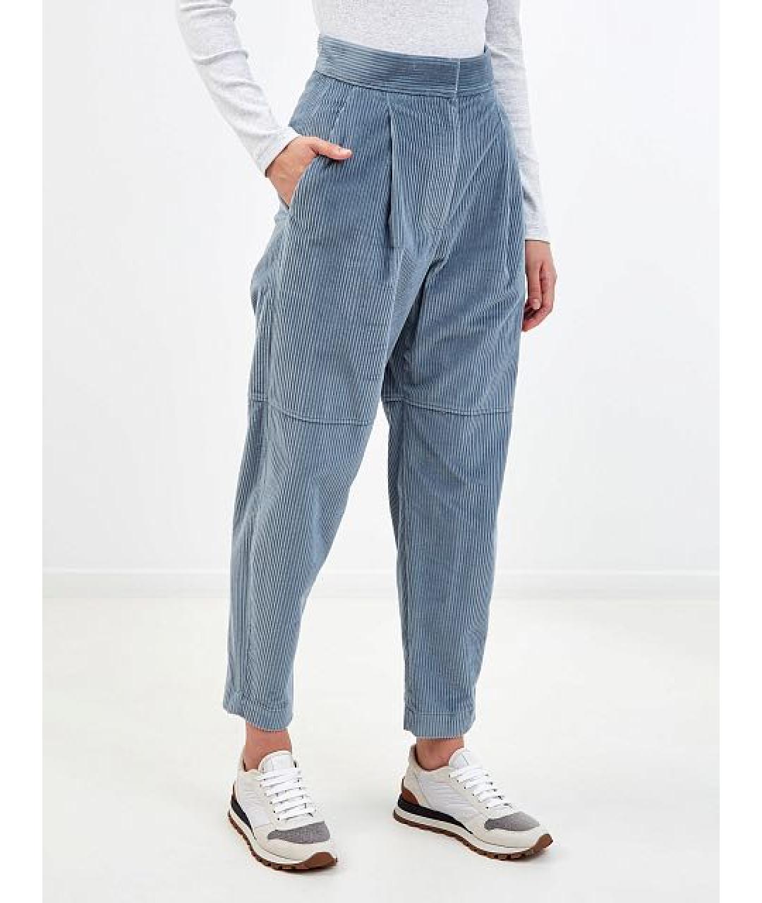 BRUNELLO CUCINELLI Бирюзовые хлопковые прямые брюки, фото 2