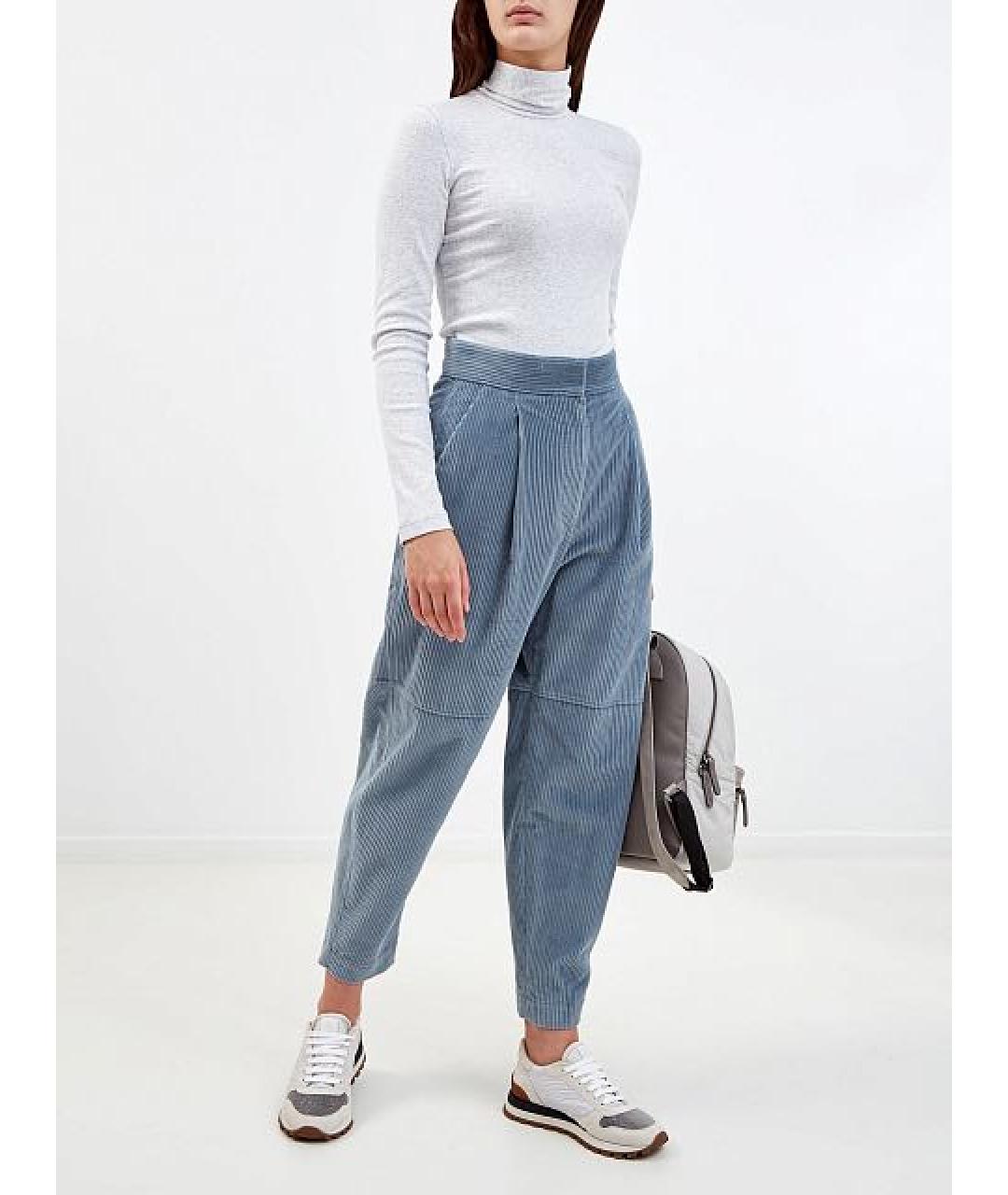 BRUNELLO CUCINELLI Бирюзовые хлопковые прямые брюки, фото 7