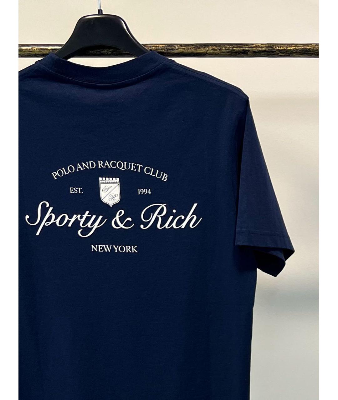 SPORTY AND RICH Темно-синяя хлопковая футболка, фото 4