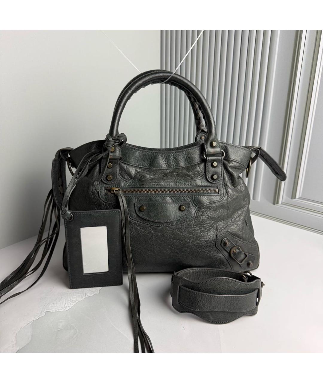 BALENCIAGA Антрацитовая кожаная сумка с короткими ручками, фото 9