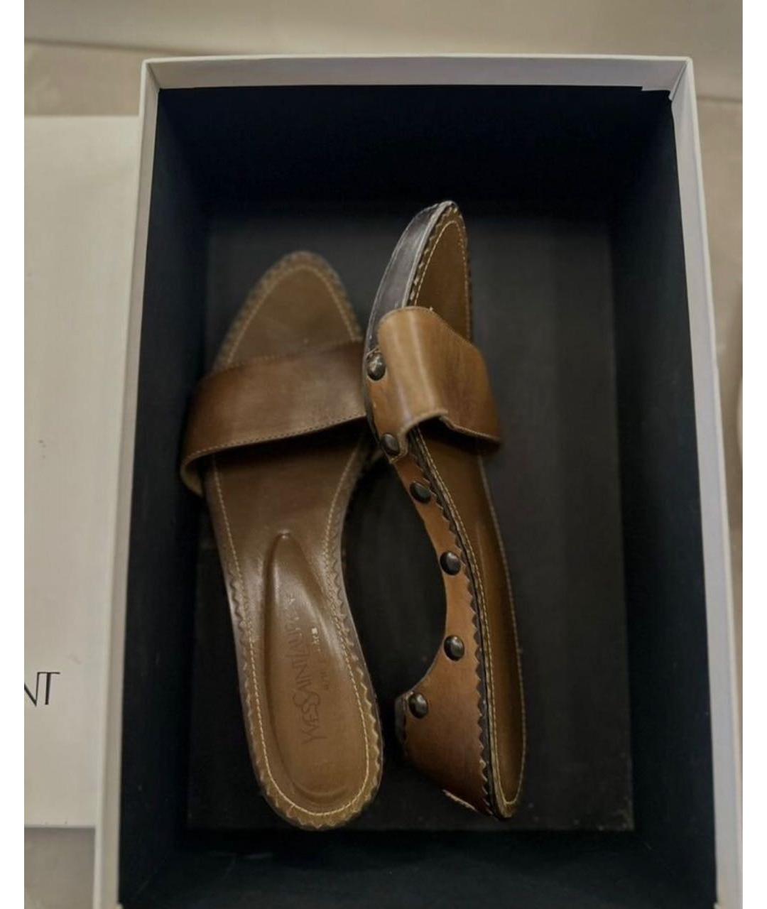 SAINT LAURENT Коричневые кожаные босоножки, фото 3