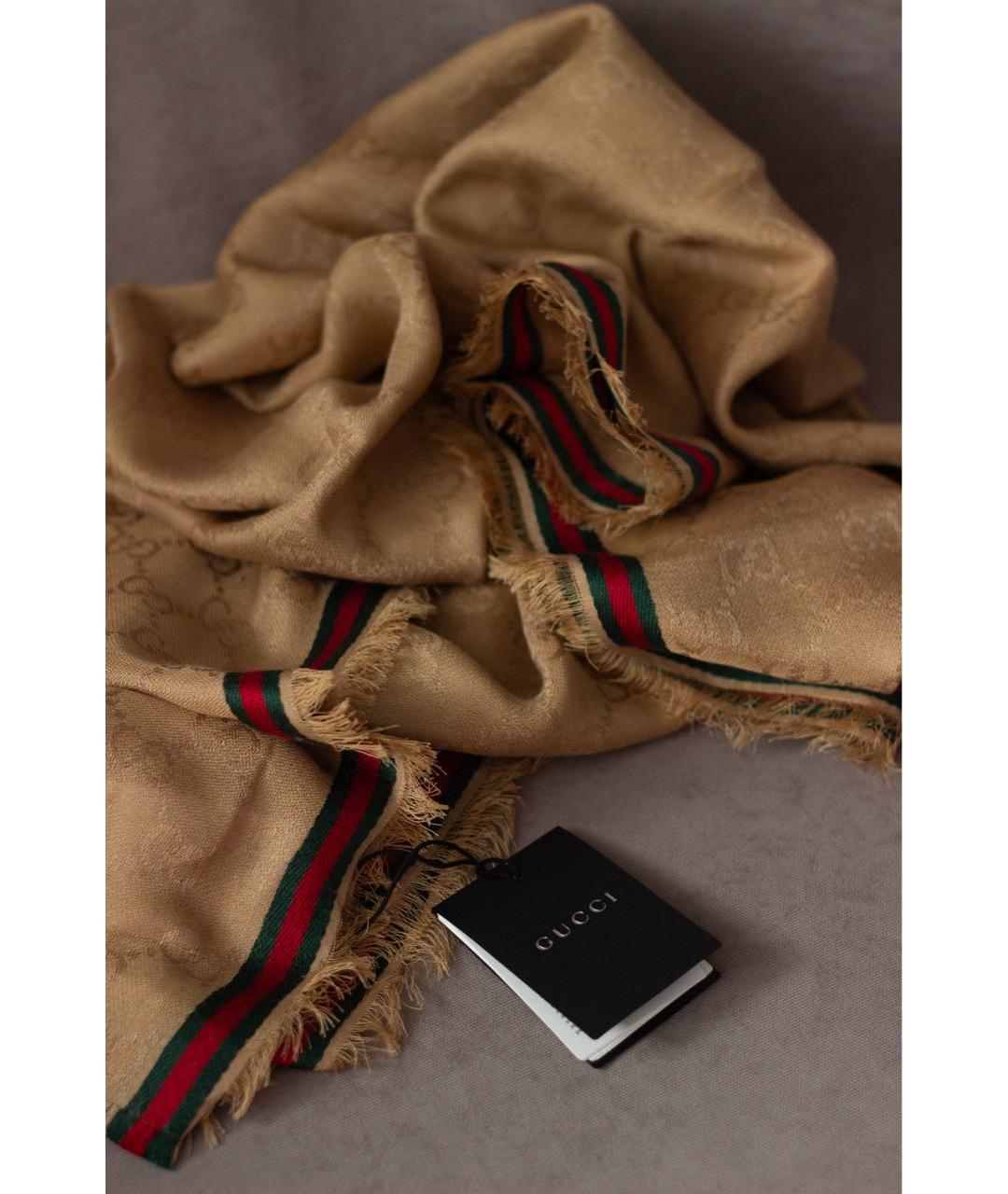 GUCCI Бежевый шелковый шарф, фото 2