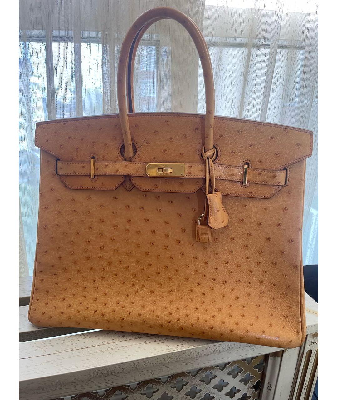 HERMES Коричневая сумка с короткими ручками из кожи страуса, фото 4
