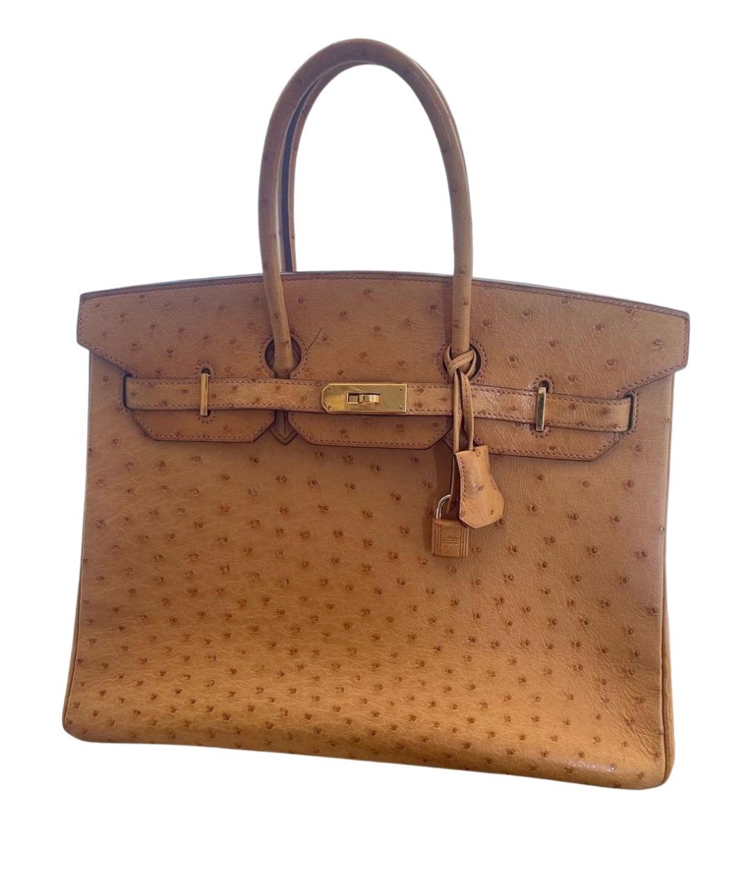 HERMES Коричневая сумка с короткими ручками из кожи страуса, фото 1