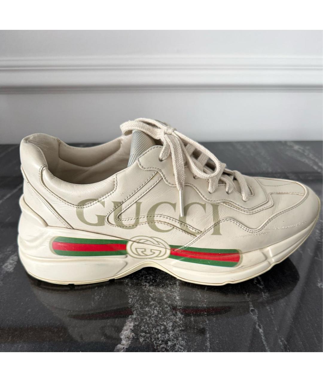GUCCI Бежевые кожаные кроссовки, фото 9