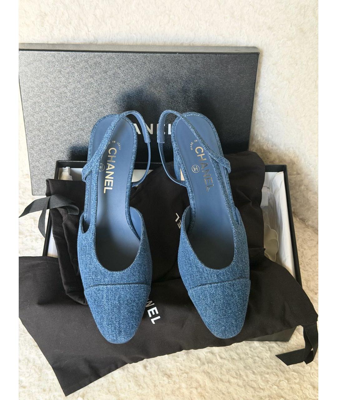 CHANEL Синие текстильные лодочки на низком каблуке, фото 3