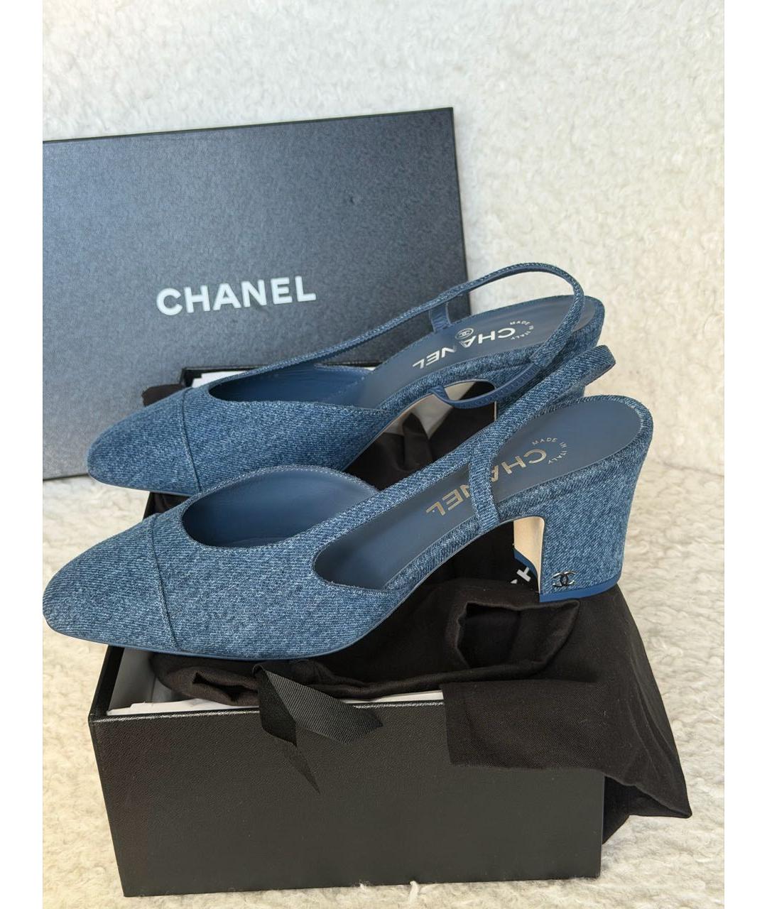 CHANEL Синие текстильные лодочки на низком каблуке, фото 6