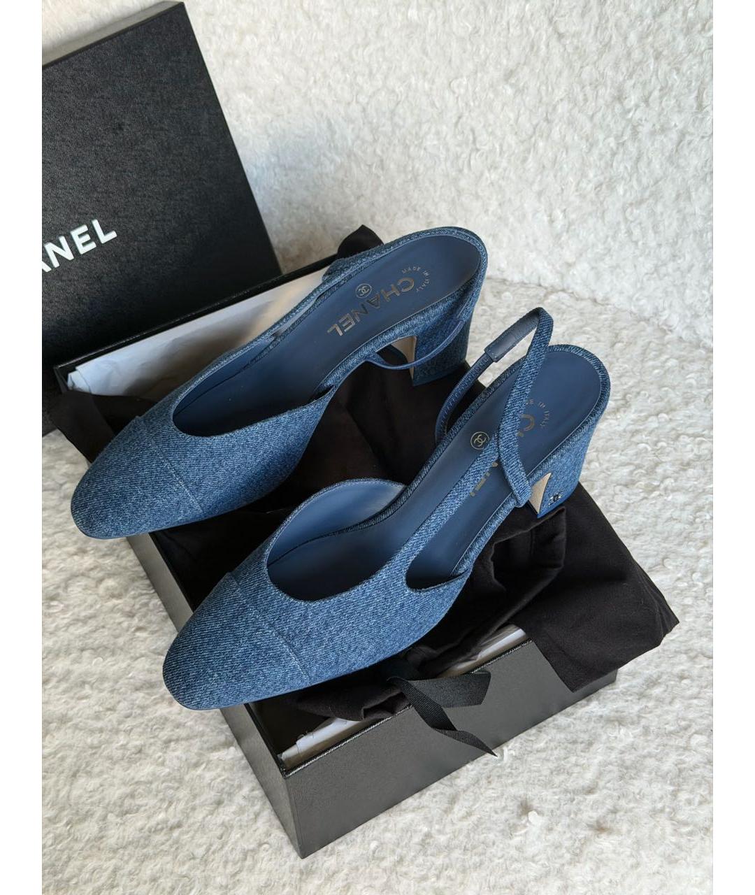 CHANEL Синие текстильные лодочки на низком каблуке, фото 5