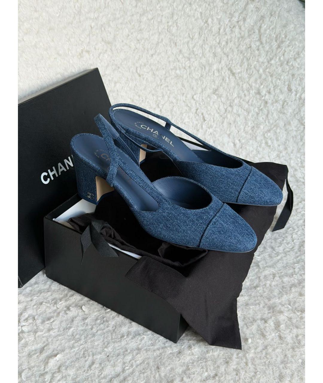 CHANEL Синие текстильные лодочки на низком каблуке, фото 4
