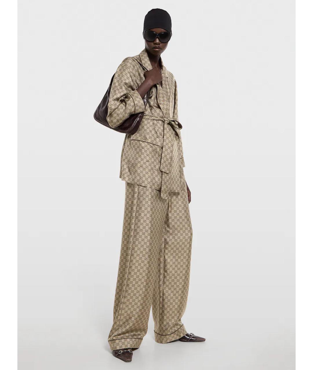 GUCCI Бежевые шелковые брюки широкие, фото 2