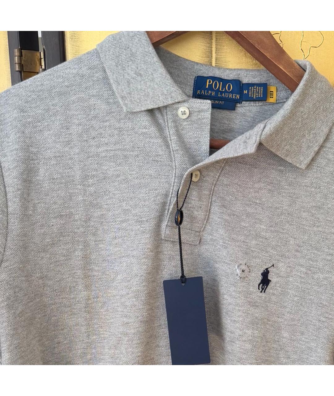 RALPH LAUREN Серое хлопко-льняное поло с коротким рукавом, фото 4