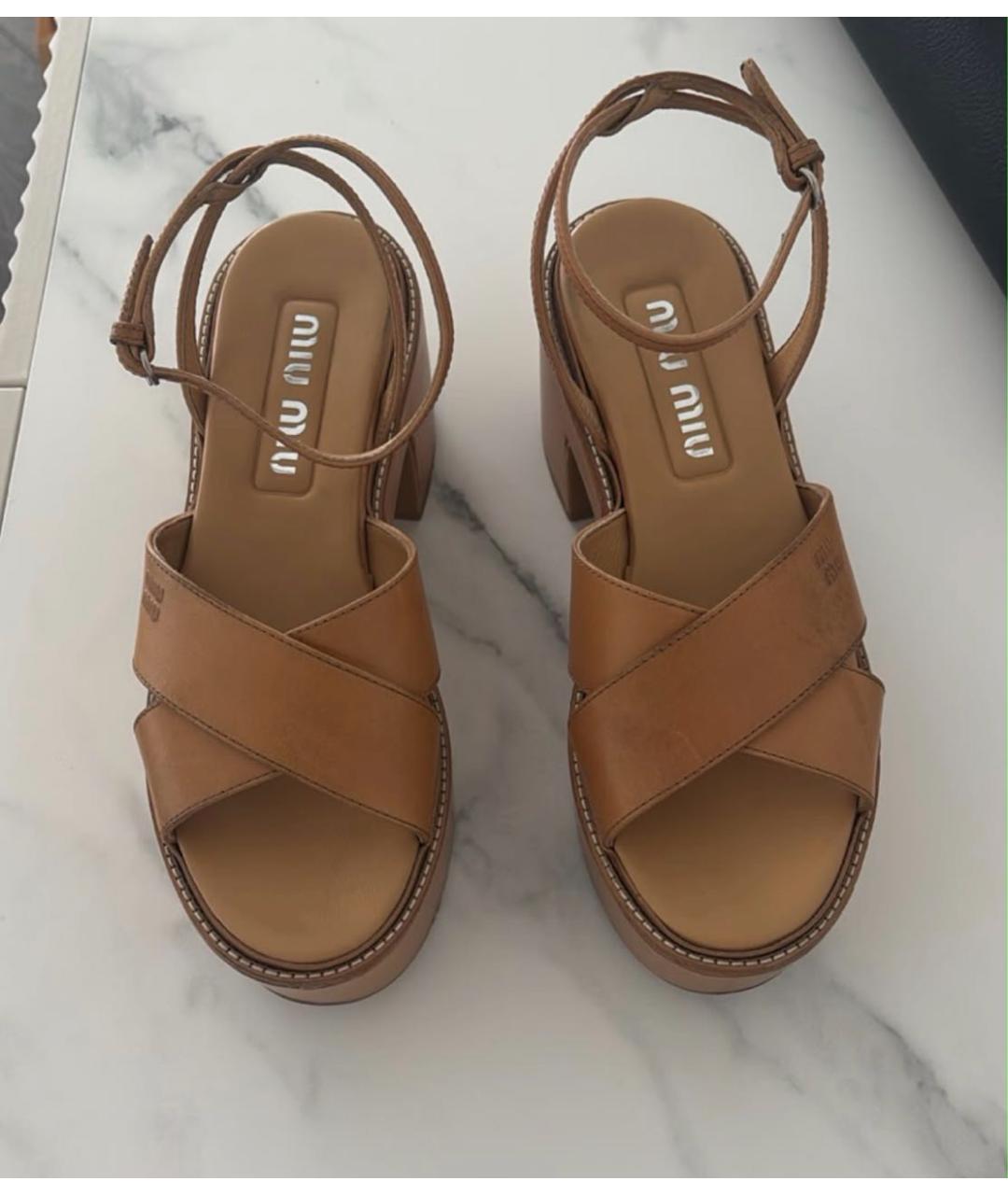 MIU MIU Бежевые кожаные босоножки, фото 2