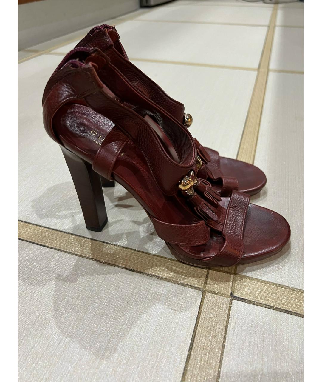 GUCCI Бордовые кожаные босоножки, фото 7