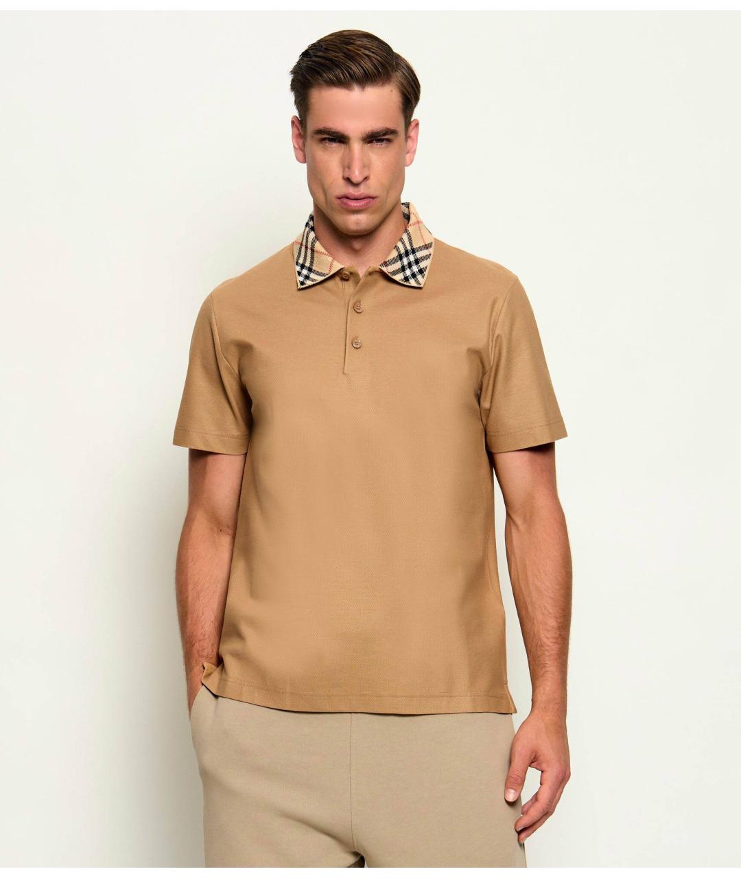 BURBERRY Бежевое хлопковое поло с коротким рукавом, фото 3