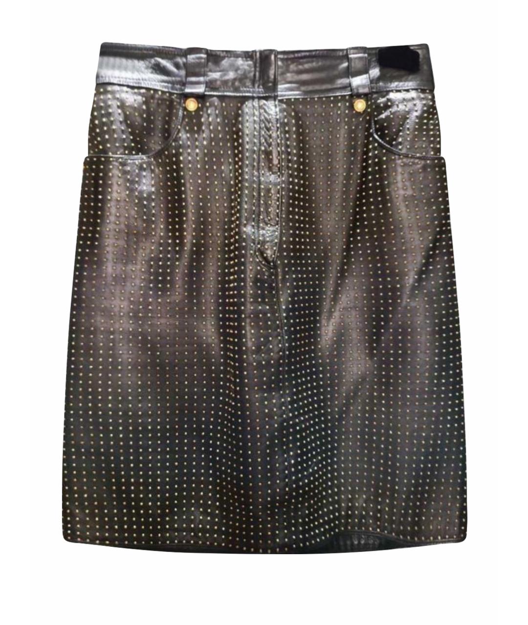 VERSACE Черная кожаная юбка миди, фото 1