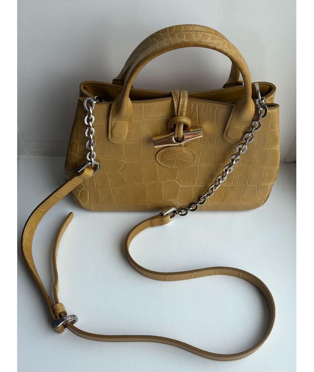 LONGCHAMP Горчичная кожаная сумка с короткими ручками, фото 2