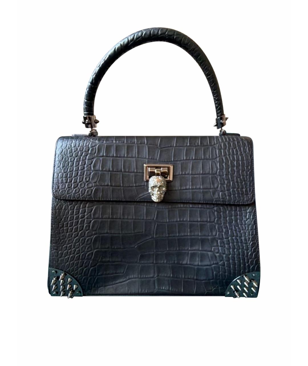 PHILIPP PLEIN Черная сумка с короткими ручками из кожи крокодила, фото 1