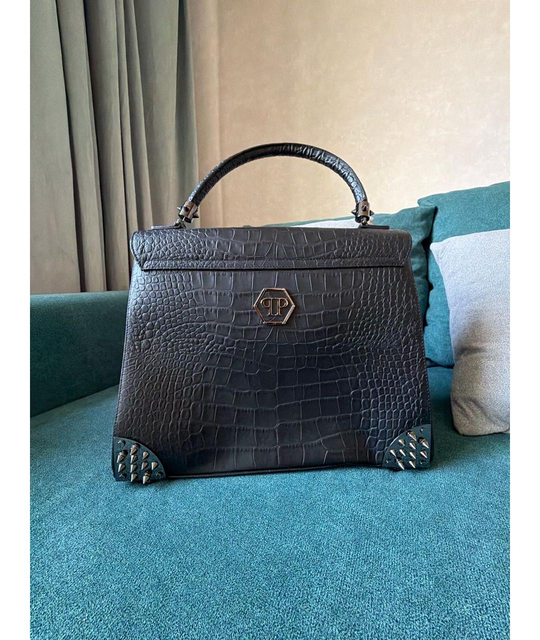 PHILIPP PLEIN Черная сумка с короткими ручками из кожи крокодила, фото 3
