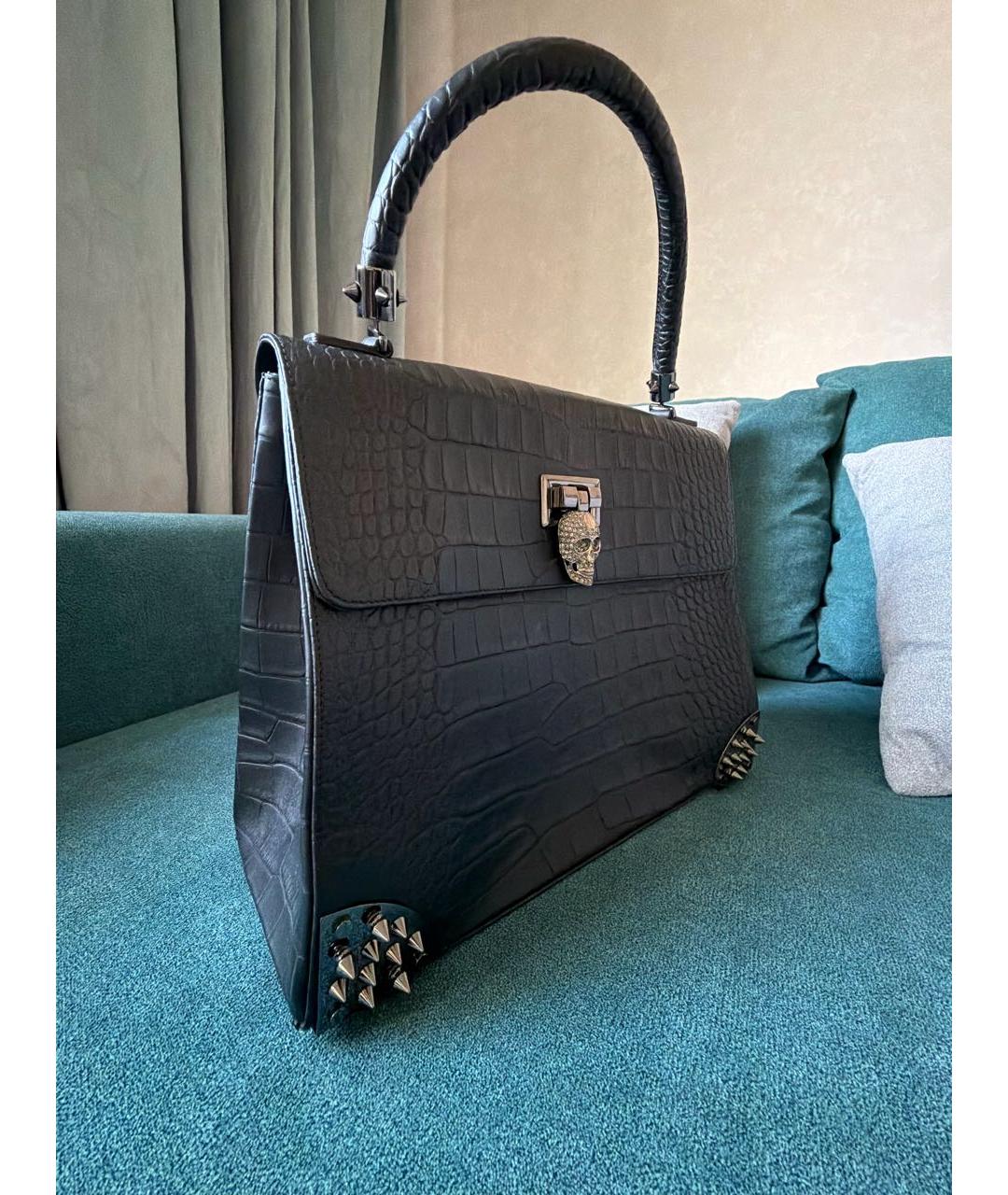 PHILIPP PLEIN Черная сумка с короткими ручками из кожи крокодила, фото 2